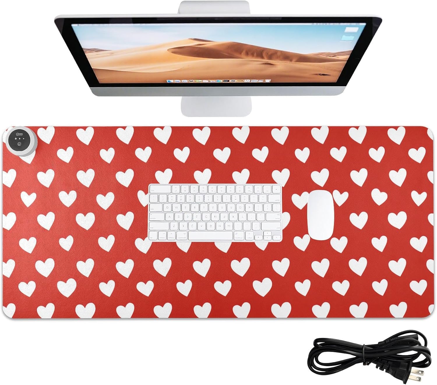 Heated Desk Pad Mouse Pad 31.5x13 Inch PU Leather Desk Mat with 3 Heat Levels Large Mouse Gaming Computer Laptop Mat Red Heart Valentine