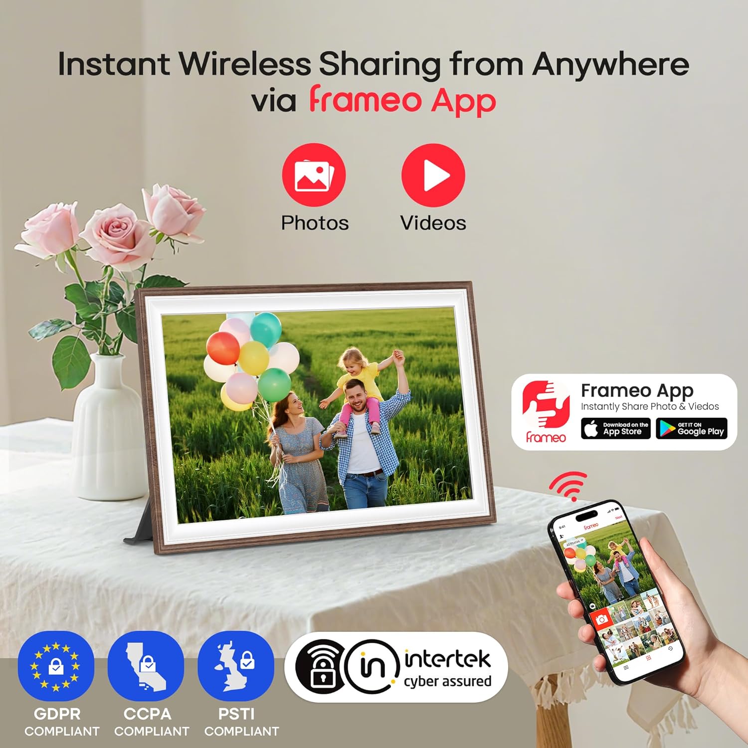 Frameo 10.1" Wood WiFi Digital Picture Frame with 32GB Memory, 1280 x 800 IPS HD Touch Screen Electronic Photo Frame, Auto-Rotate, Slideshow, Wall Mountable, Share Photos/Video Remotely Anywhere