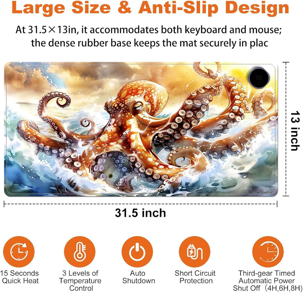 Heated Mouse Pad for Desk 31.5" x 13" – PU Leather Warm Desk Pad with 3 Heat Levels (104°F/113°F/122°F), Plug-in Electric Heating Mat with Auto Shut-Off, Waterproof & Rollable, Ocean Octopus