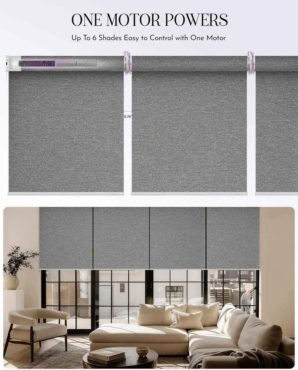 Graywind Smart Coupled Roller Shades Compatible with Alexa Google Custom Size Extra Large Motorized Blinds for Windows(Striped Grey)
