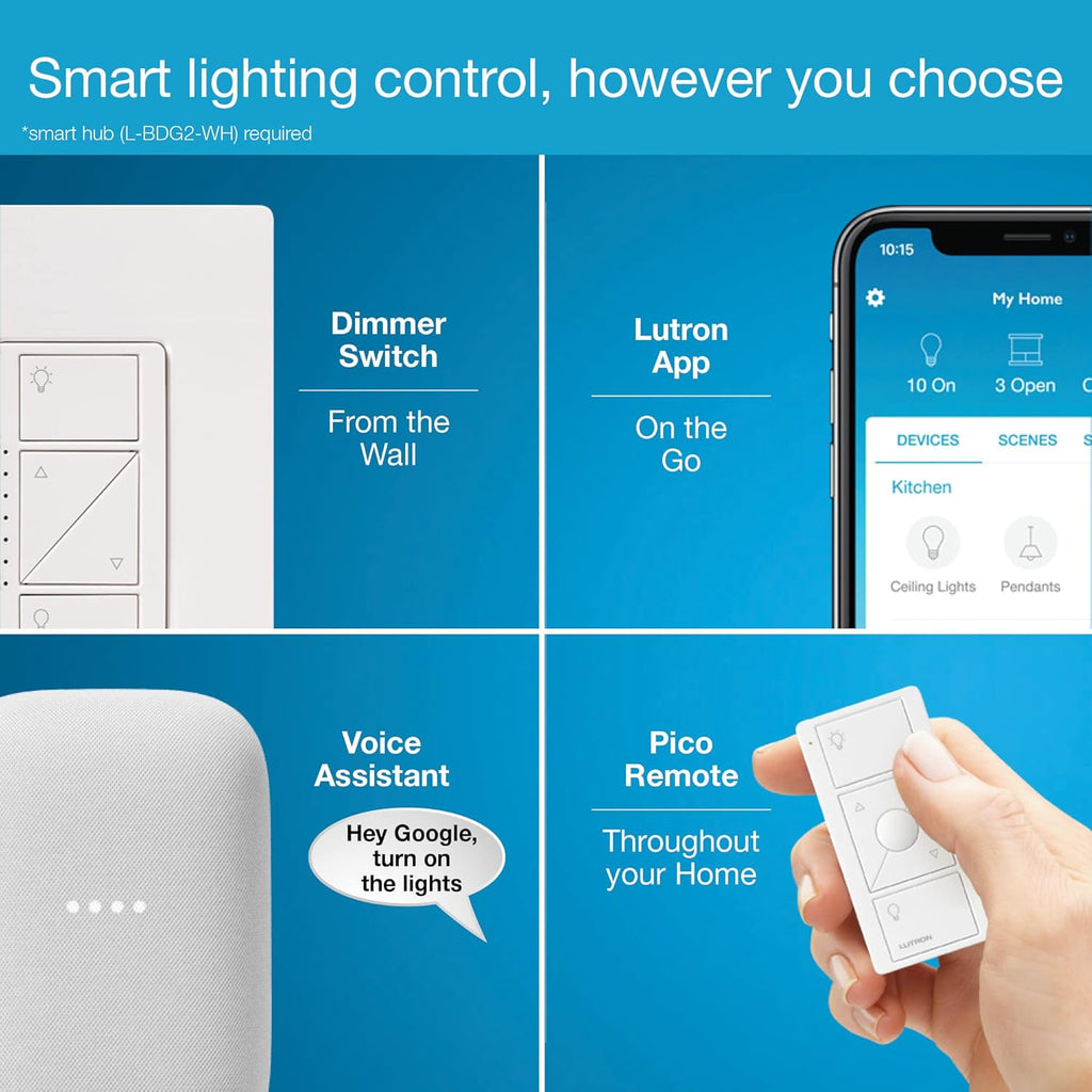 Lutron Caseta Original Smart Dimmer Switch (Lutron Smart Hub Required), for LED Lights, 150 Watt, Single-Pole/3-Way, No Neutral Required, PD-6WCL-WH, White, 8 Pack