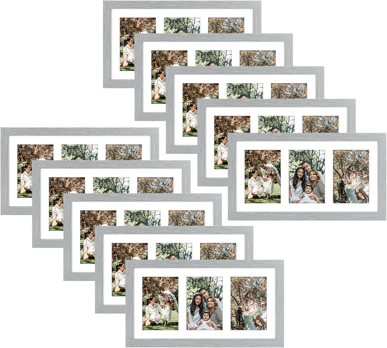 Golden State Art, Set of 10, 9x18 Grey Wood Frame - White Mat for Three 5x7 Pictures - Sawtooth Hangers- Swivel Tabs - Wall Mounting - Landscape/Portrait - Real Glass - Collage Frame