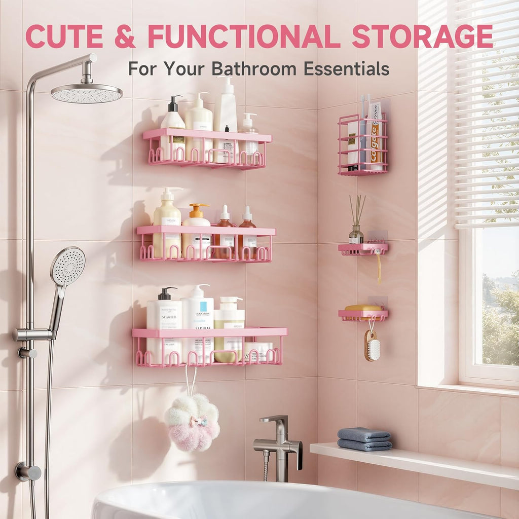 Veken Large Capacity Shower Caddy 6-Pack, No Drilling & Rustproof, Adhesive Shower Shelves with Soap Holder, Bathroom Organizers and Storage, Wall-Mounted Kitchen & Home Decor, Pink