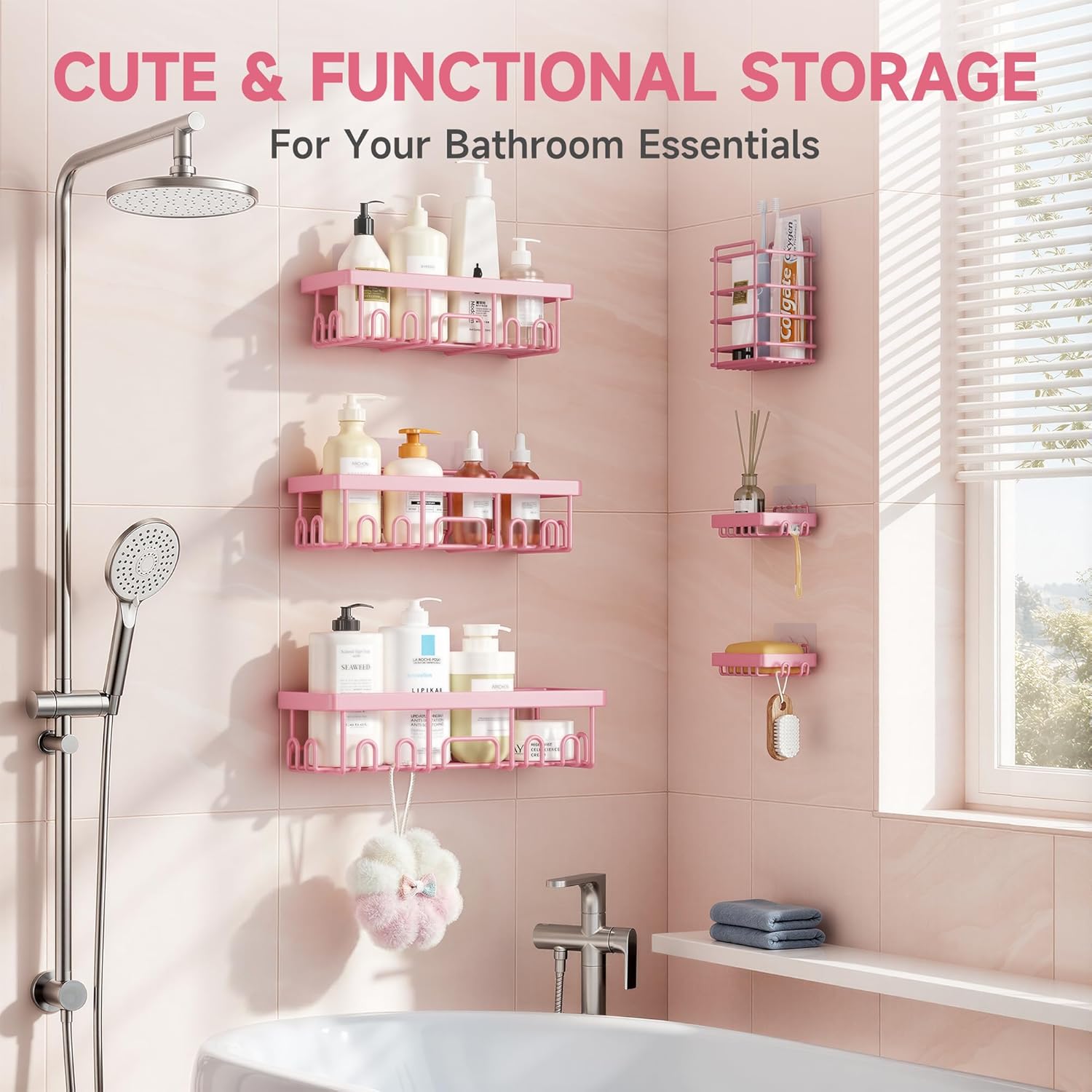 Veken Large Capacity Shower Caddy 6-Pack, No Drilling & Rustproof, Adhesive Shower Shelves with Soap Holder, Bathroom Organizers and Storage, Wall-Mounted Kitchen & Home Decor, Pink