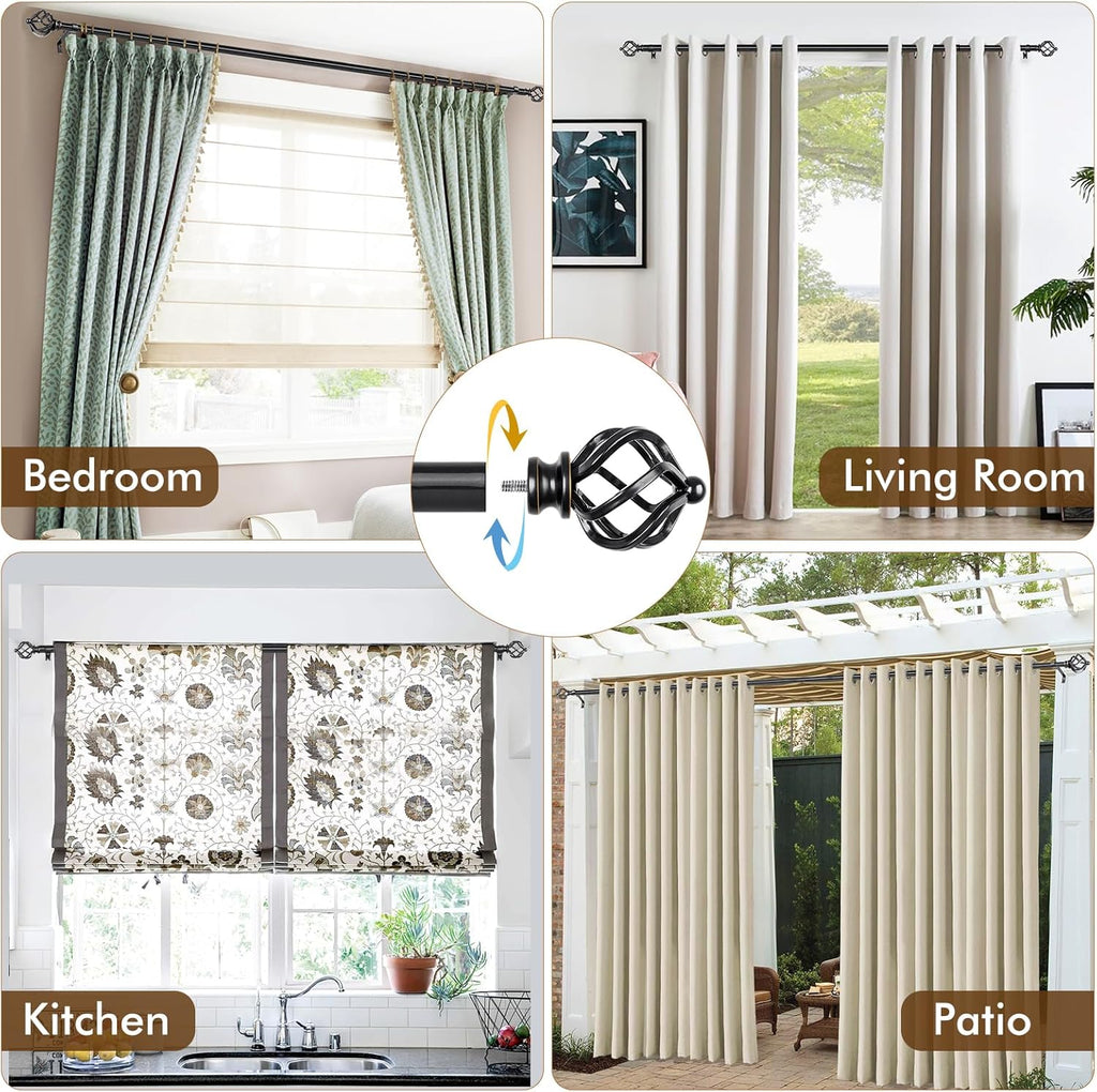 KAMANINA Black Curtain Rods for Windows 72 to 144 Inch, Long Curtain Rod 32 to 144 Inches (2.6-12ft), 6/8 In Splicing Adjustable Single Drapery Rod with Twisted Cage Finial