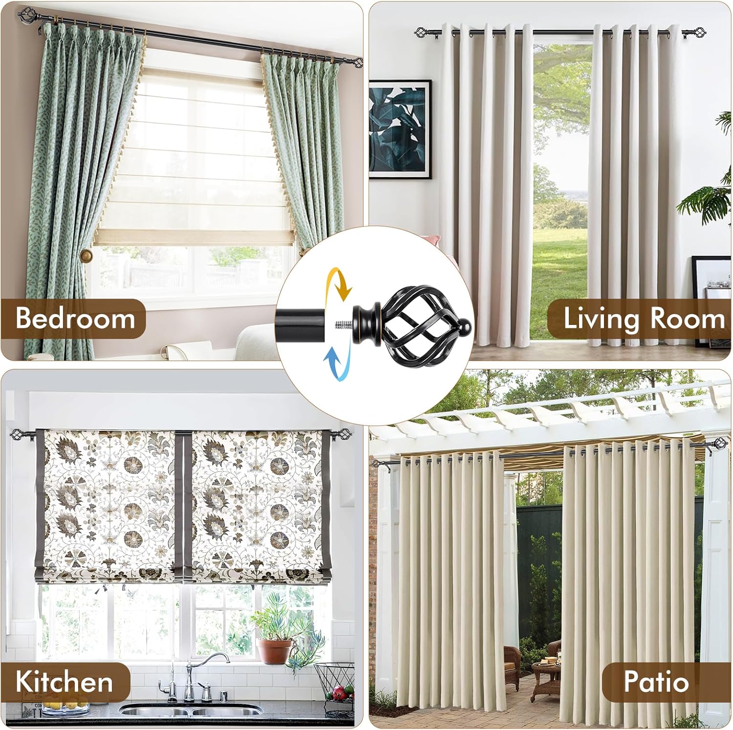 KAMANINA Black Curtain Rods for Windows 72 to 144 Inch, Long Curtain Rod 32 to 144 Inches (2.6-12ft), 6/8 In Splicing Adjustable Single Drapery Rod with Twisted Cage Finial
