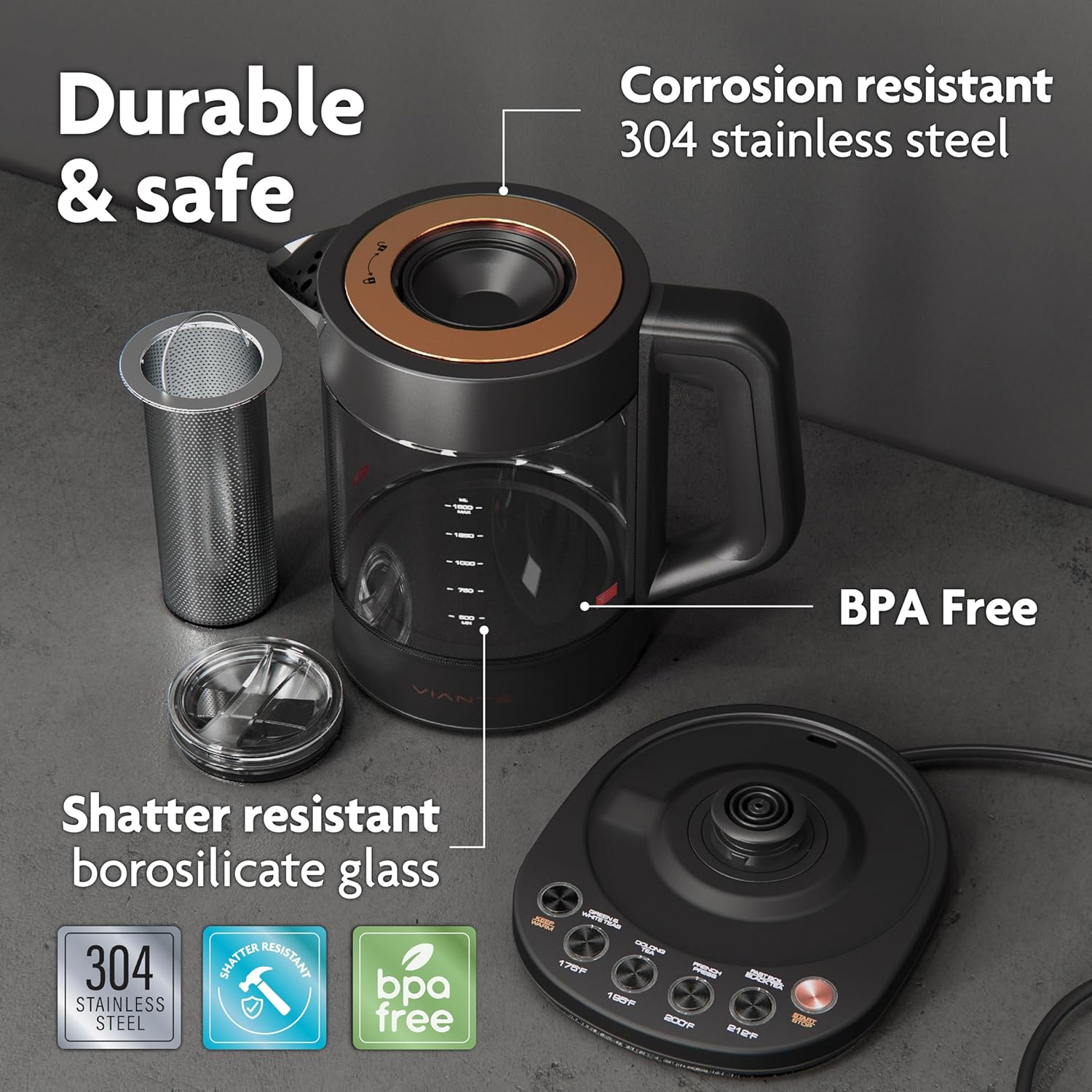 Vianté Electric Kettle With Infuser For Loose Leaf. Hot Tea Maker With Temperature Control And Automatic Shut Off. Tea Kettle With Brewing Programs. 1.5 Liters Capacity | Black Color