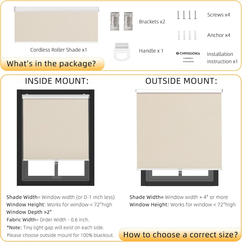 ChrisDowa Cordless Blackout Roller Shades for Windows, Thermal Insulated UV Protection Pull Down Shades, Total Blackout Window Blinds for Home, Office, Bedroom, Door (48" W x 72" H, Beige)