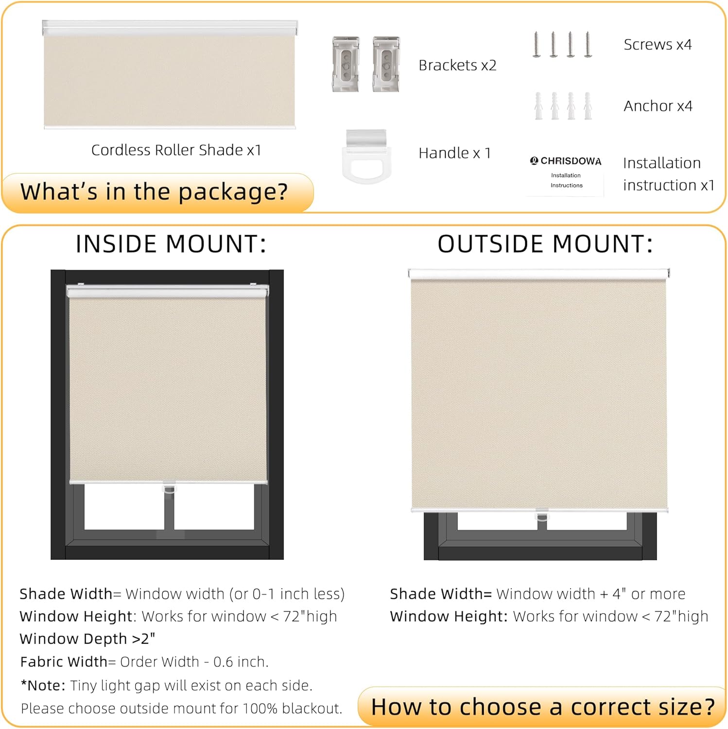 ChrisDowa Custom Size Cordless Blackout Roller Shades for Windows, Thermal Insulated UV Protection Pull Down Shades, Total Blackout Window Blinds for Home, Office, Bedroom, Door,Beige