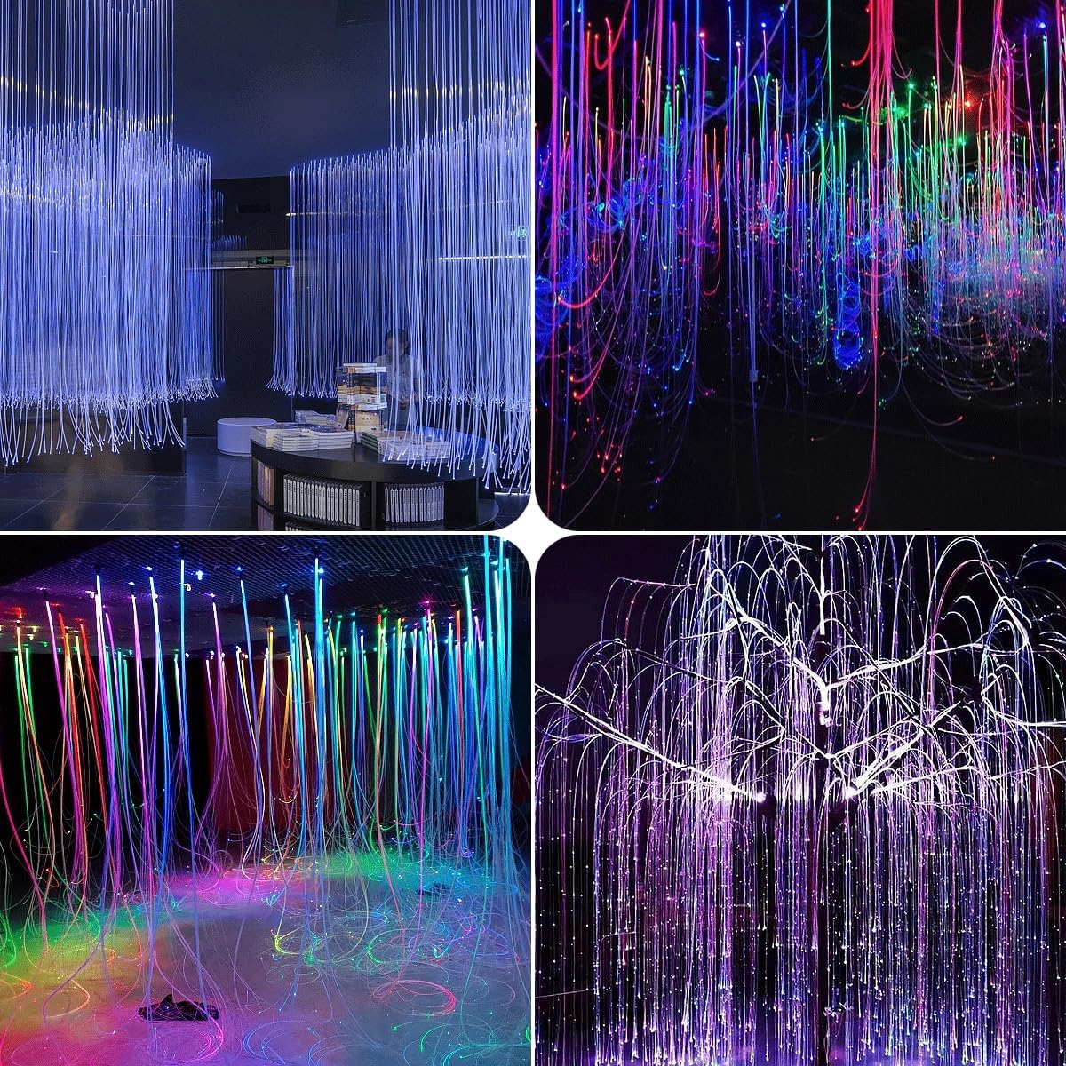 AZIMOM 1520pcs Fiber Optic Hanging Light for Garden Tree Decor Exhibition Indoor Shop Bar Ceiling, 0.03in 8.2ft Flash Point Side Glow Fiber Cable 8Pack Light Source Remote App Control Color Change