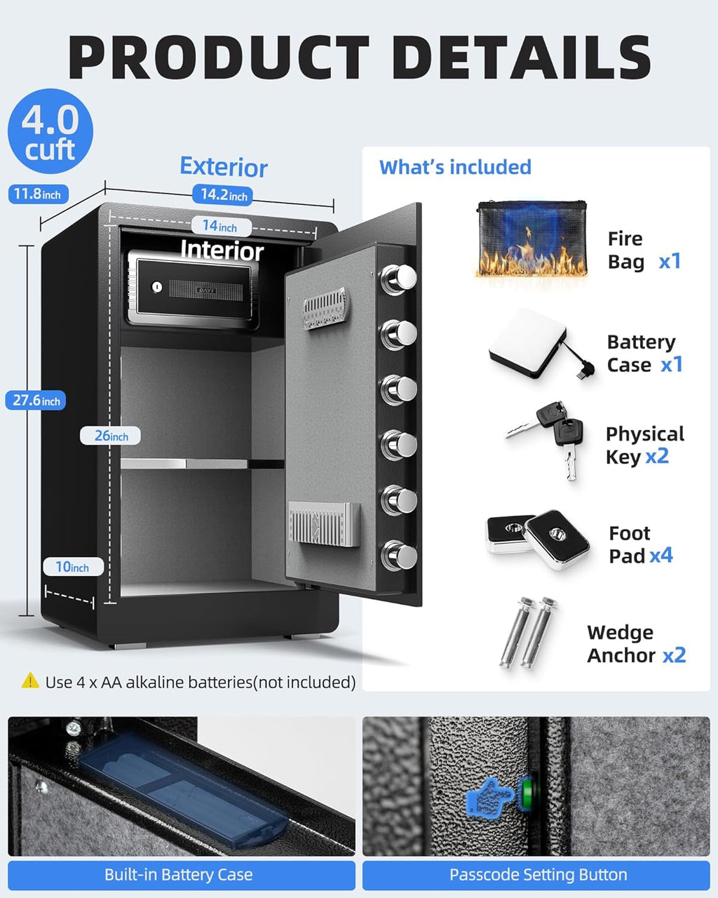 DAYI Safe Box, 4.0 Cu Ft Home Safes with Digital Keypad, Dual Alarm & Fireproof Bag, Security Safe for Money, Documents, Ideal for Home Office Use - D70 Lite