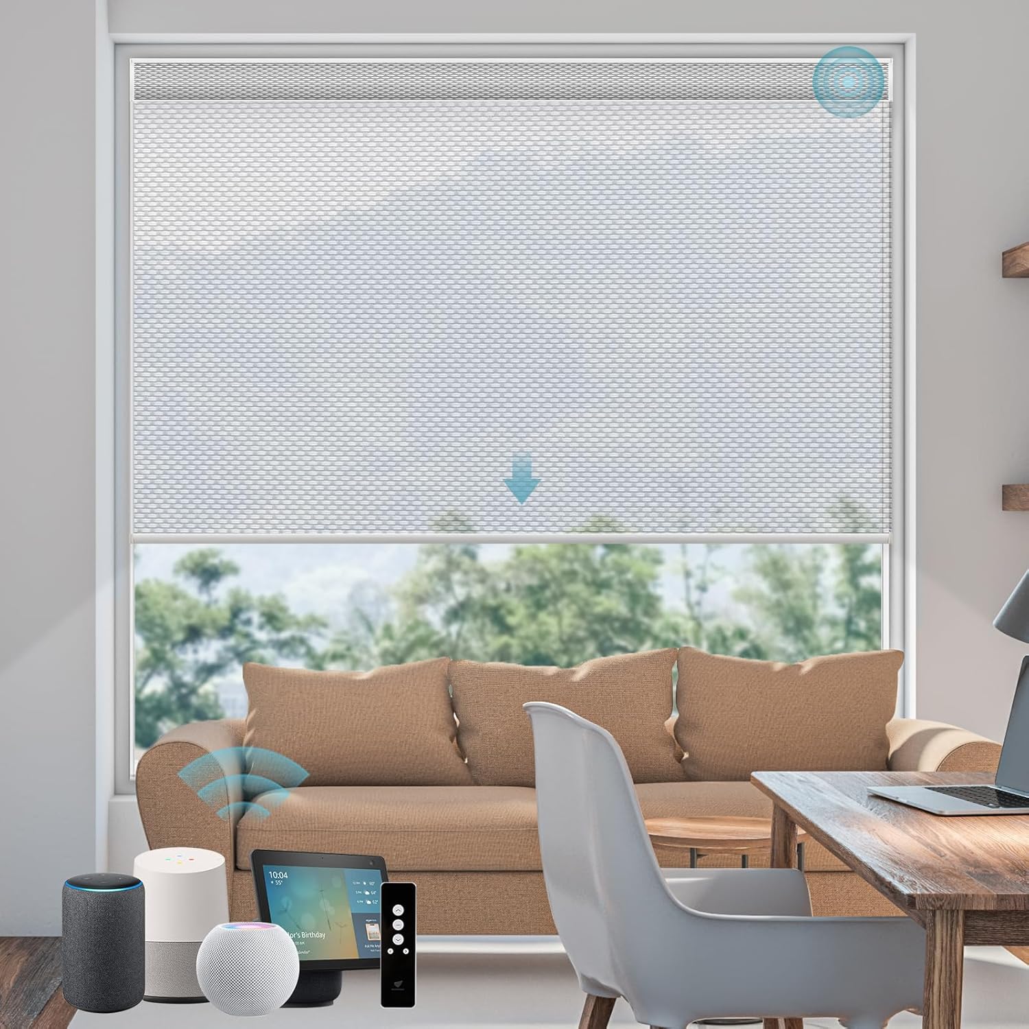 SmartWings Motorized Smart Blinds for Windows in Light Filtering, Electric Remote Roller Shades Compatible with Alexa/Google Home/Homekit, Custom Up to 110”W x 148”H, 5% Openness Aventus White Grey