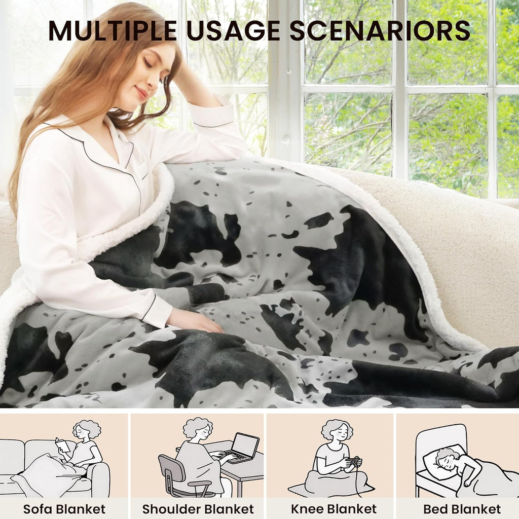 Cow Print Heated Throw Blanket Electric Blanket-Heating Blanket Throw with 10 Heat Levels & 10 Hours Auto-Off, Cozy Soft Fleece Sherpa, Washable, 50 x 60 Inches Cow Print Grey