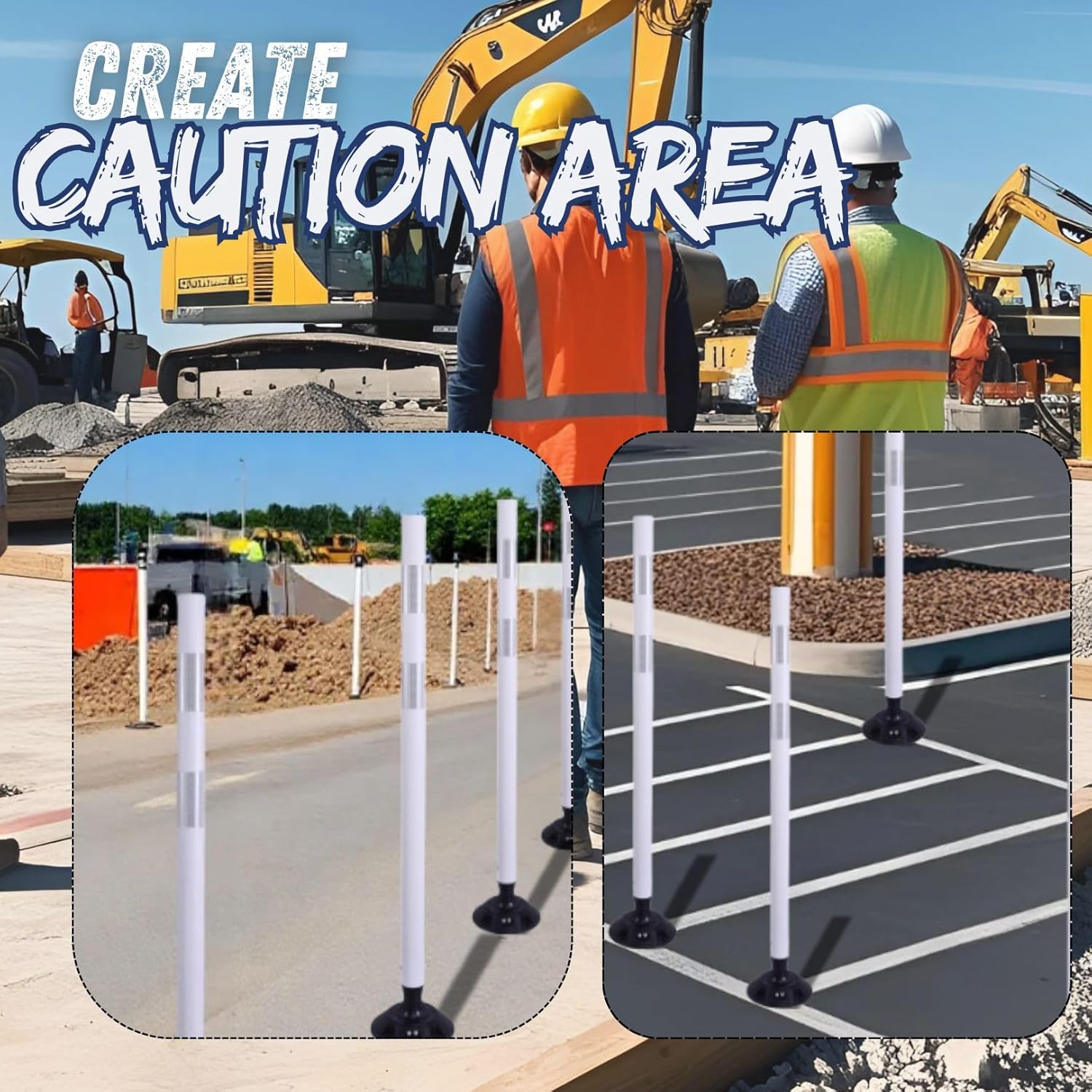 BESEA 8PCS 48" Traffic Delineator Posts with Detachable Base & High-Visibility Reflective Collars,White Durable Flexible Safety Cones for Work Zones, Parking Lots, and Roadways