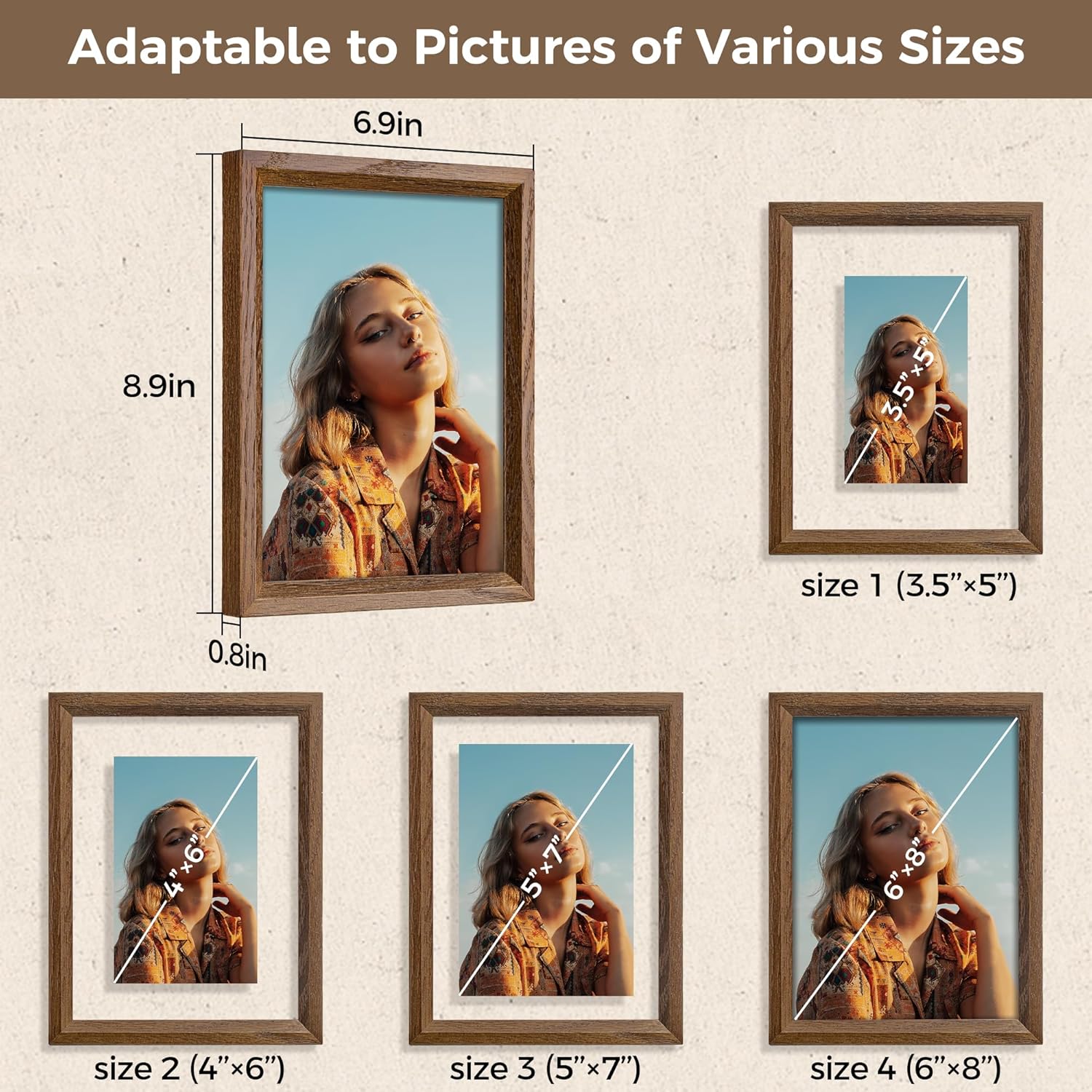 Axeman 6x8 Floating Picture Frame - Solid Oak Wood Picture Frame, Double Tempered Glass Photo Frame 2x3 4x6 5x7 6''x8'' Wood Frame, Wall Mount Or Tabletop Standing, Walnut