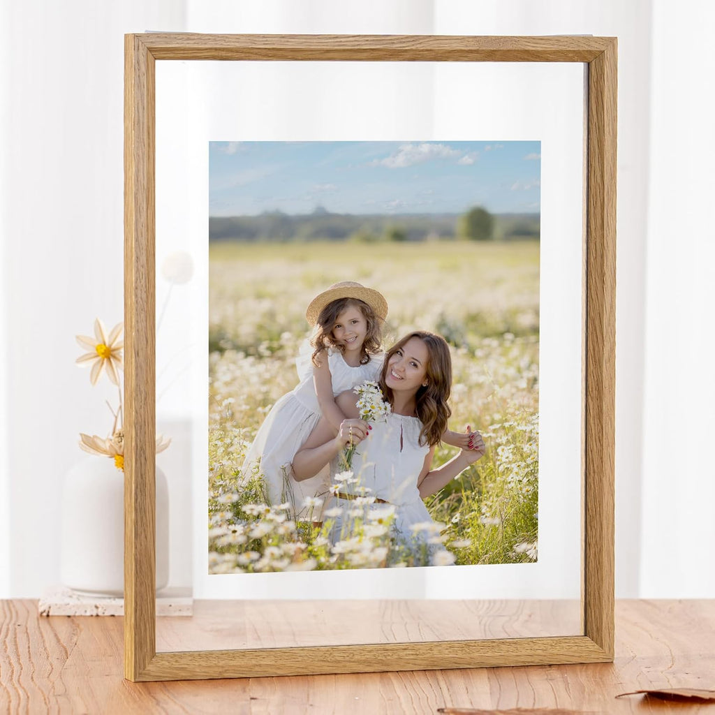 Axeman 11x14 Floating Picture Frame - Solid Oak Wood Square Picture Frame, Double Tempered Glass Photo Frame 4x6 5x7 8x10 11''x14'' Wood Frame, Wall Mount Or Tabletop Standing, Natural