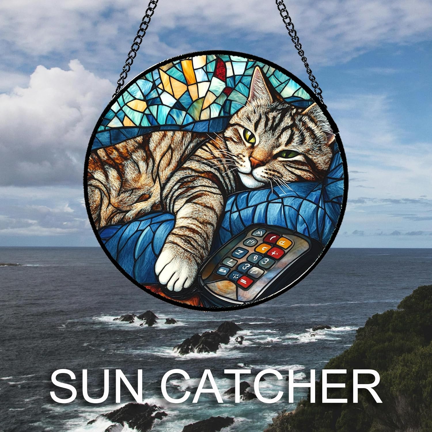Stained Glass Window Hanging Gray Cat and Remote Control 9.8" - Suncatcher Door Garden Kitchen Sun Catcher Home Decor Birthday for Lost Pets Mom Men Woman Friend Grandma