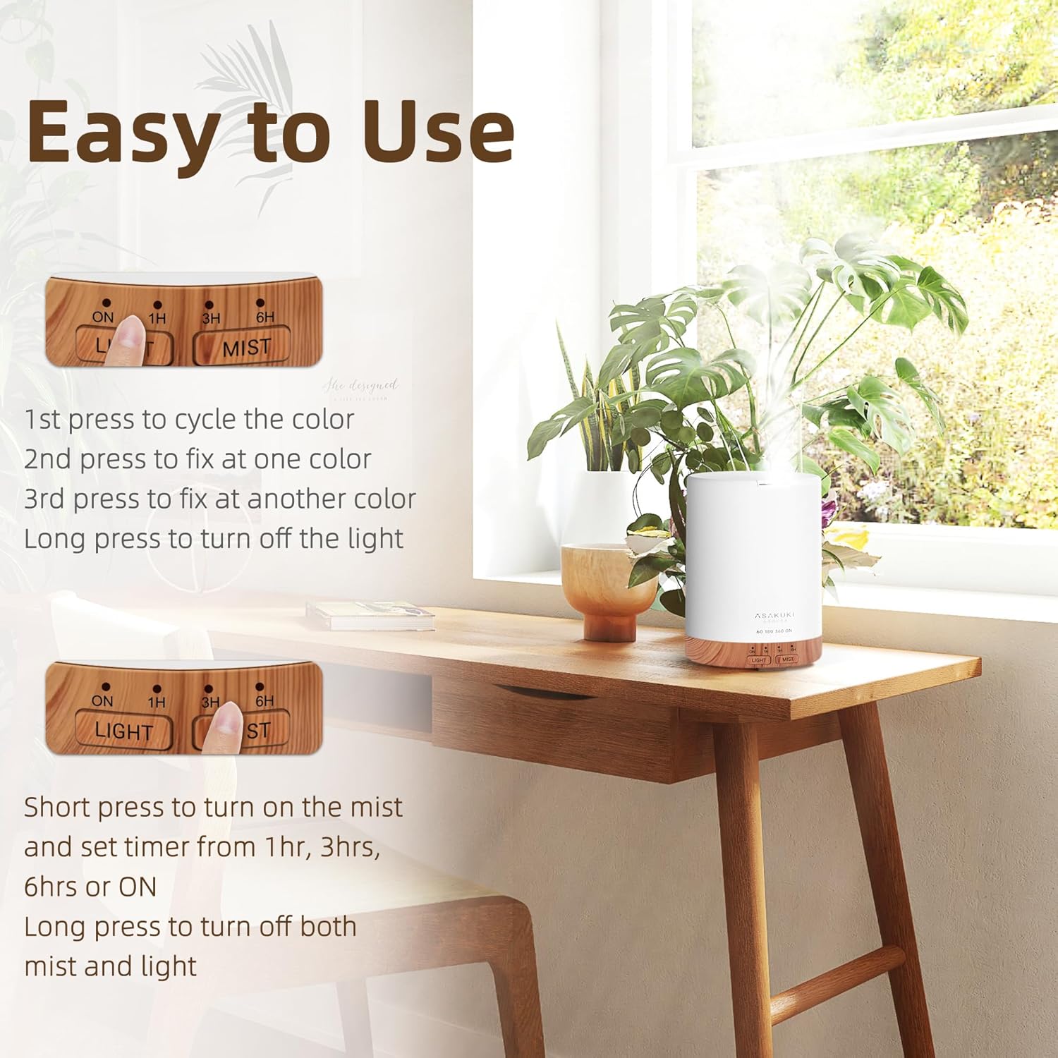 ASAKUKI Essential Oil Diffuser, Aromatherapy Cool Mist Home Humidifier with 7 LED Color Changing Light and Auto-Off Safety Switch, 6 Essential Oils Set, 300ml (Brown with Oils)