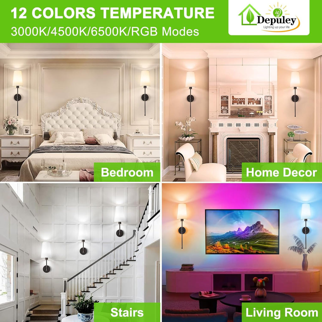 Depuley Battery Operated Wall Sconce: 27" Set of 2 Wireless Wall Lights with Remote for Bedroom - Rechargeable 15 Colors Black Wall Lamp for Living Room Hallway Decor
