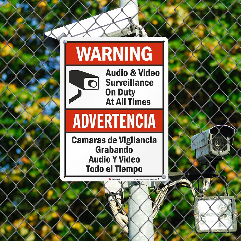SmartSign 24 x 18 inch “Warning - Audio & Video Surveillance On Duty At All Times” Bilingual Sign, 80 mil Aluminum, 3M Laminated Engineer Grade Reflective Material, Red, Black and White, USA-Made