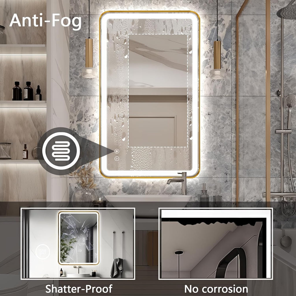 40"x24" Lighted Vanity Mirror with Lights, Gold Metal Frame Led Mirror for Bathroom, Anti-Fog Wall Mirror with Front and Backlit, Shatterproof, 3 Colors Stepless Dimmable, Horizontal/Vertical