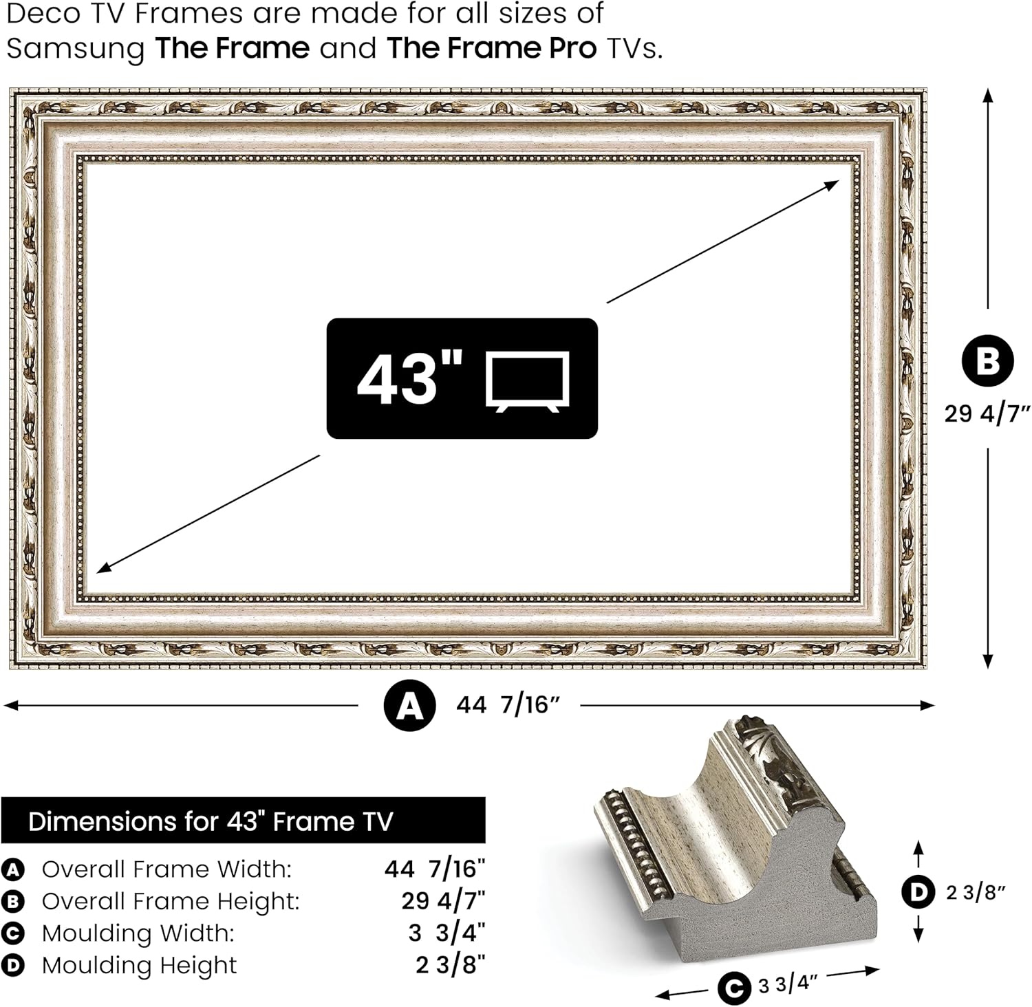 Ornate Silver 43" Premiere Deco TV Frame - Compatible ONLY with Samsung The Frame TVs (Fits 2021-2025, LS03A, LS03B, LS03C, LS03D, LS03FA)