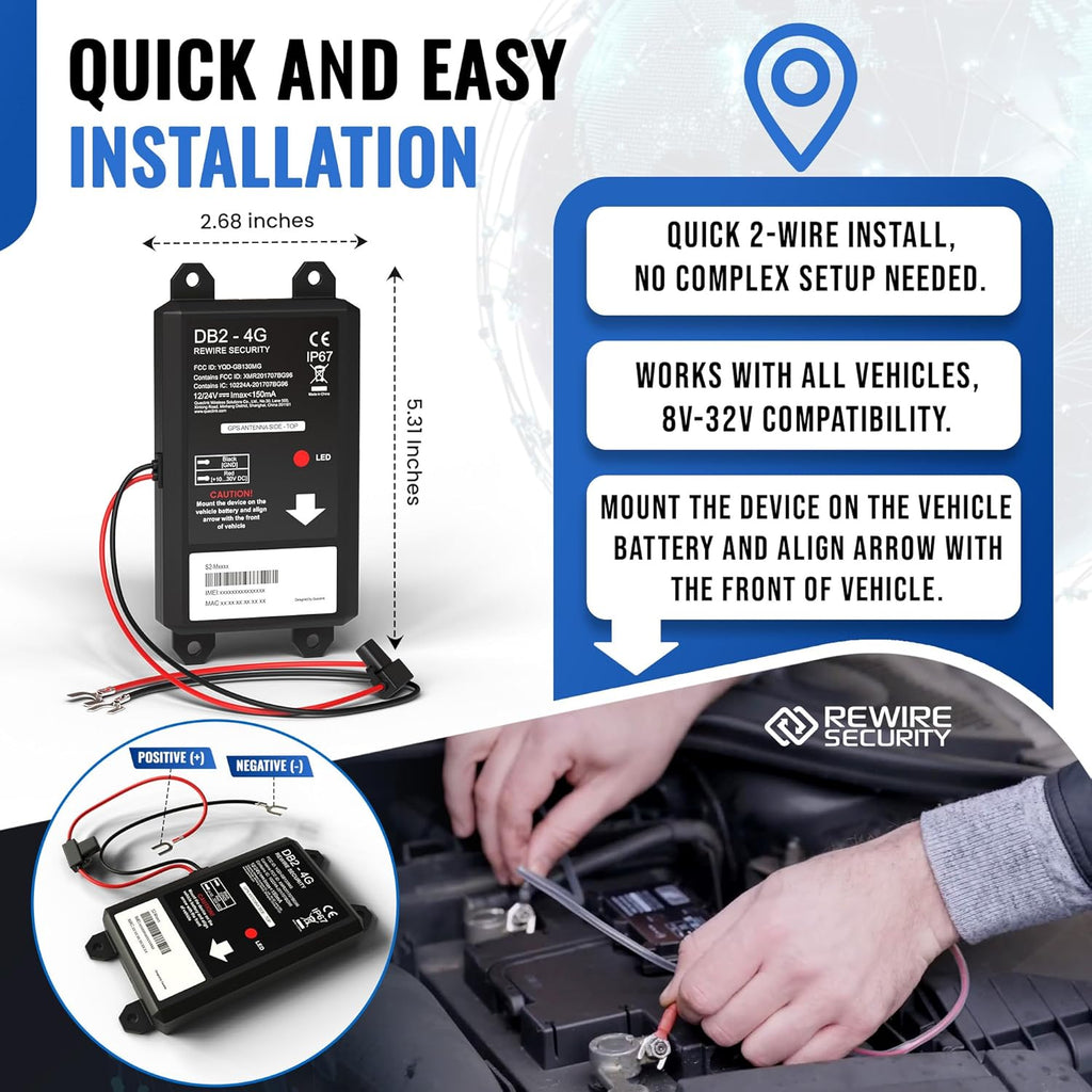 REWIRE SECURITY DB2-4G GPS Tracker for Vehicles – Real-Time Vehicle Tracking Device for Car, Van, Motorhome | Easy Battery Install | Live App Tracking | 4G Fleet Tracking