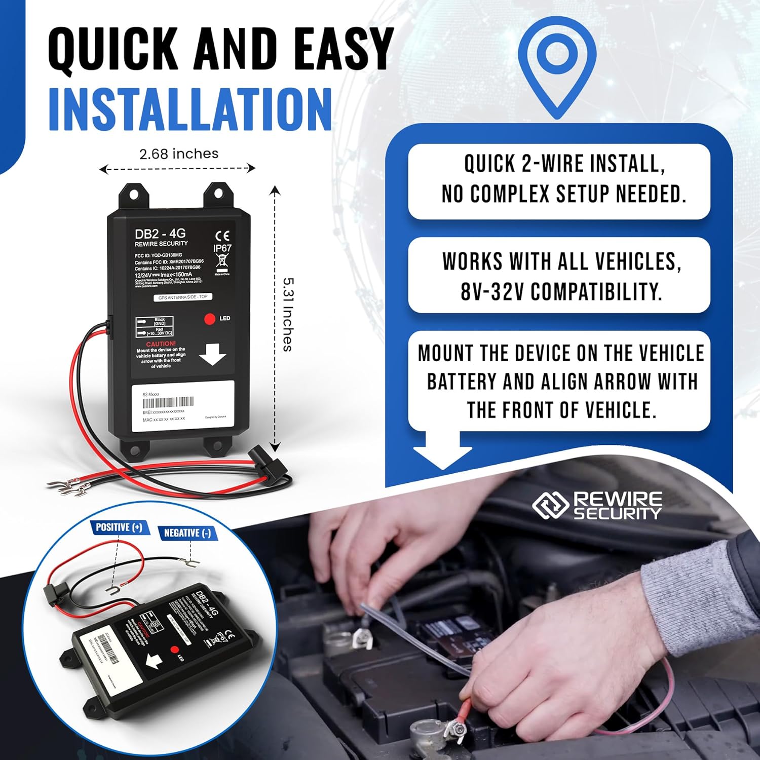 REWIRE SECURITY DB2-4G GPS Tracker for Vehicles – Real-Time Vehicle Tracking Device for Car, Van, Motorhome | Easy Battery Install | Live App Tracking | 4G Fleet Tracking