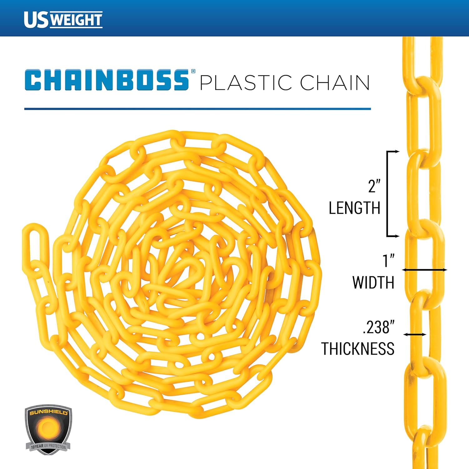 US Weight (Made in USA) 2" x 100' (5 Pack - 500’ Total) Yellow Plastic Safety Chain ft. SunShield UV Resistant Technology