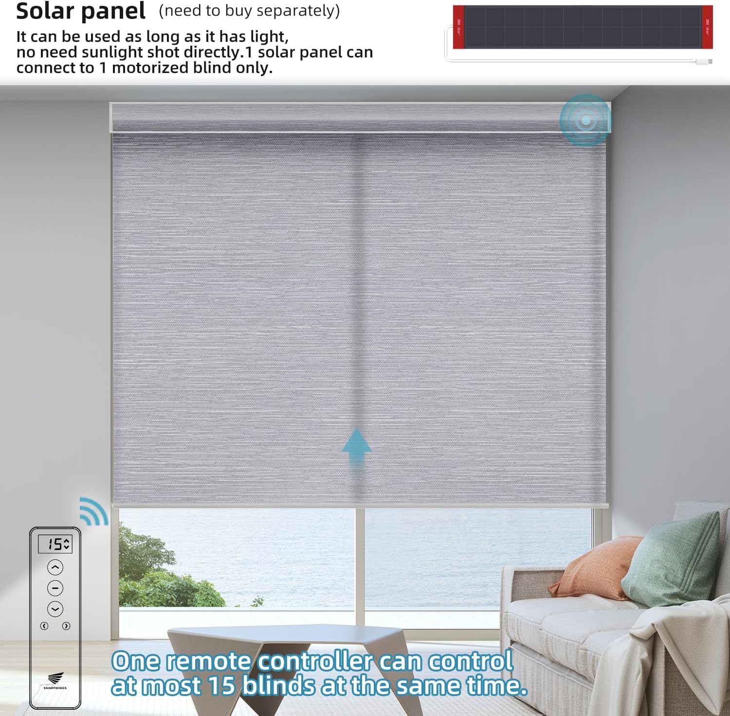 SmartWings Motorized Light Filtering Blinds Work with Homekit Thread Z-Wave Alexa, 70% Blackout Electric Smart Window Shade Translucent, Cordless with Remote Control, Up W110 x H148, Essential Grey