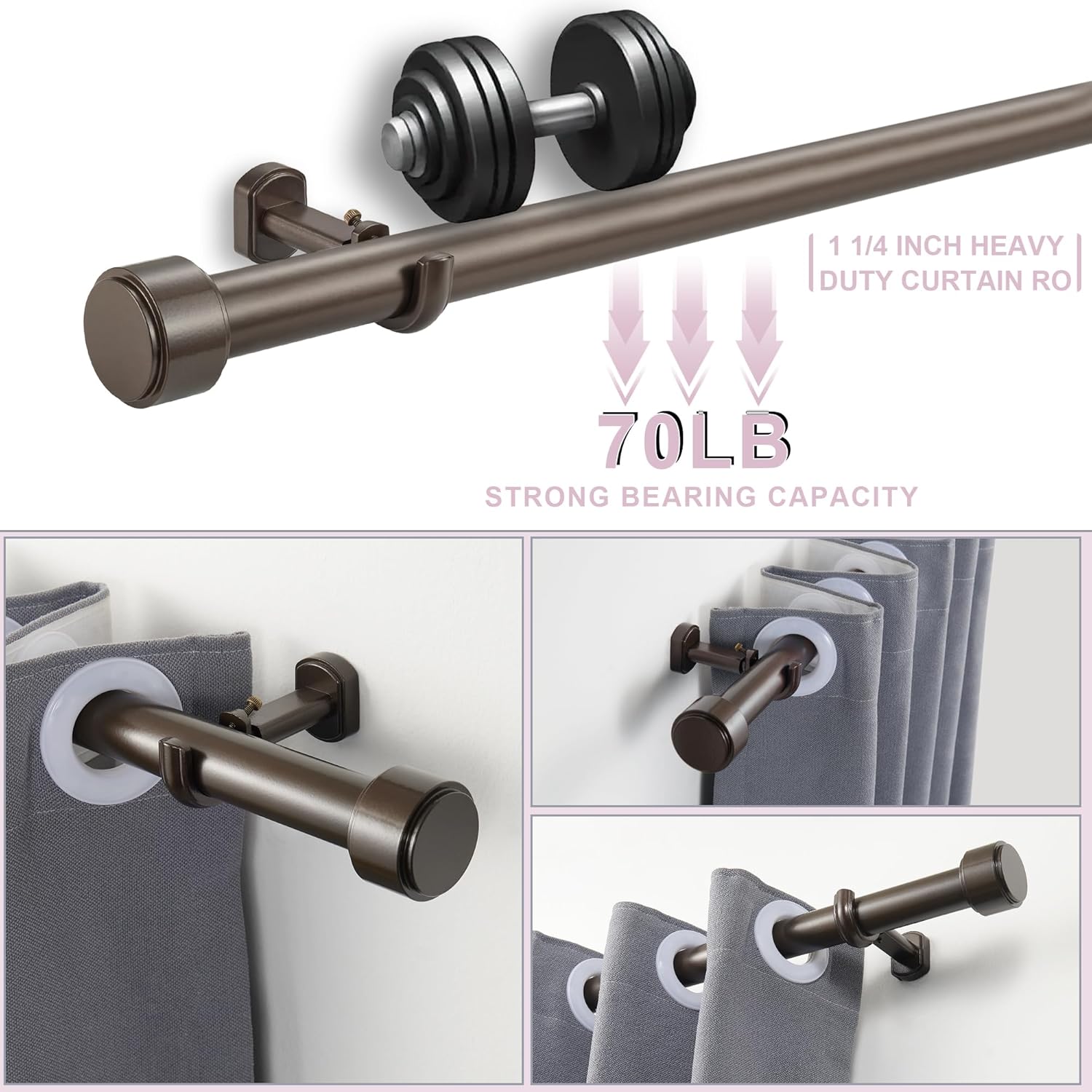 Heavy Duty Curtain Rods,1 1/4" Large Diameter Premium Nonadjustable Curtain Rod,132in/11ft Custom Window Treatment Rods with Durable Aluminum Brackets and End Caps,Dark Bronze Finish