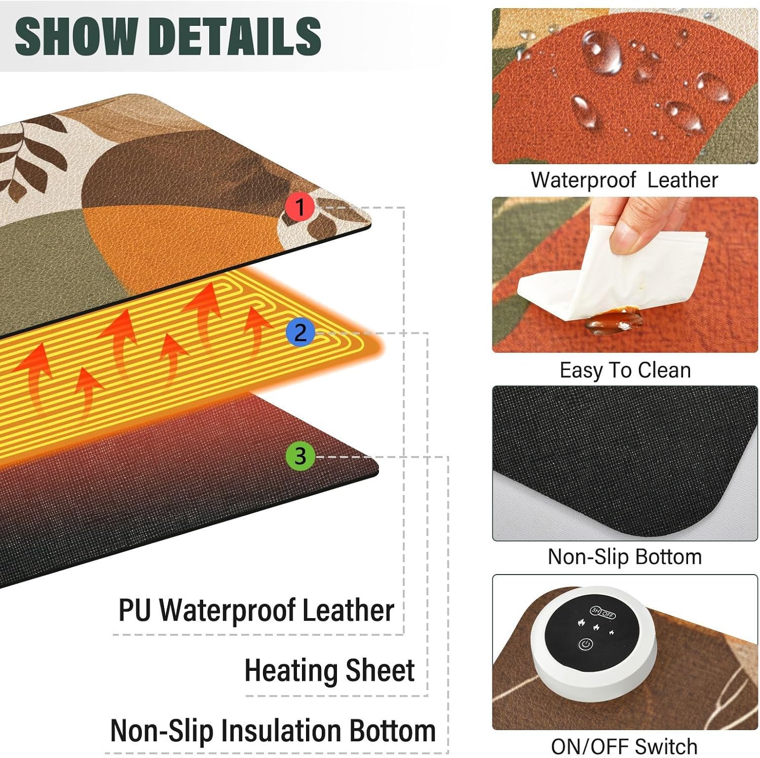 Heated Desk Pad Mouse Pad 31.5x13 Inch PU Leather Desk Mat with 3 Heat Levels Large Mouse Gaming Computer Laptop Mat Boho Brown Pattern