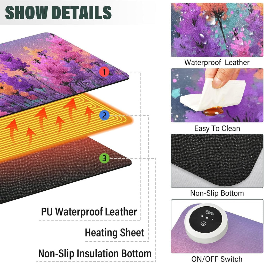Large Heated Mouse Pad,Leather Desk Mat,31.5"x13",Hand Warmer Pads for Desk,Lavender(Watercolor)