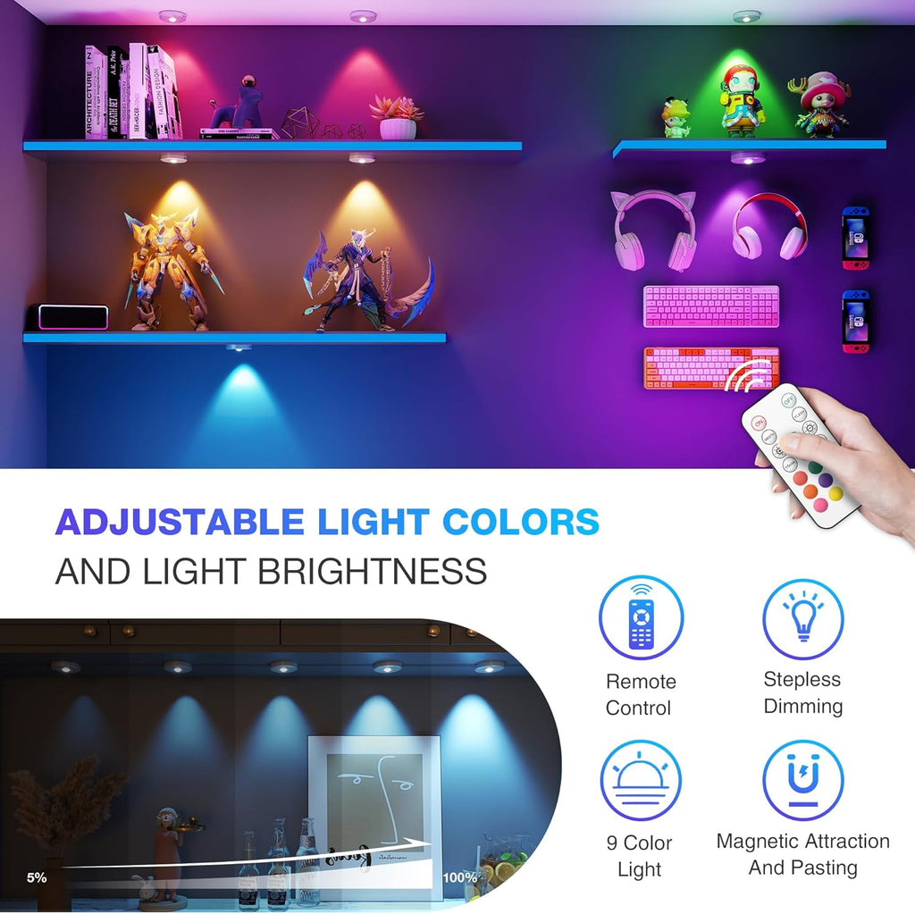 RGB Puck Lights with Remote Control, 2000mAh Battery Operated Tap Lights Rechargeable, 9 Colors & 2 Dynamic Changing Under Cabinet Lighting, Magnetic Stick on Light for Closet(Silver, 3 Pack)