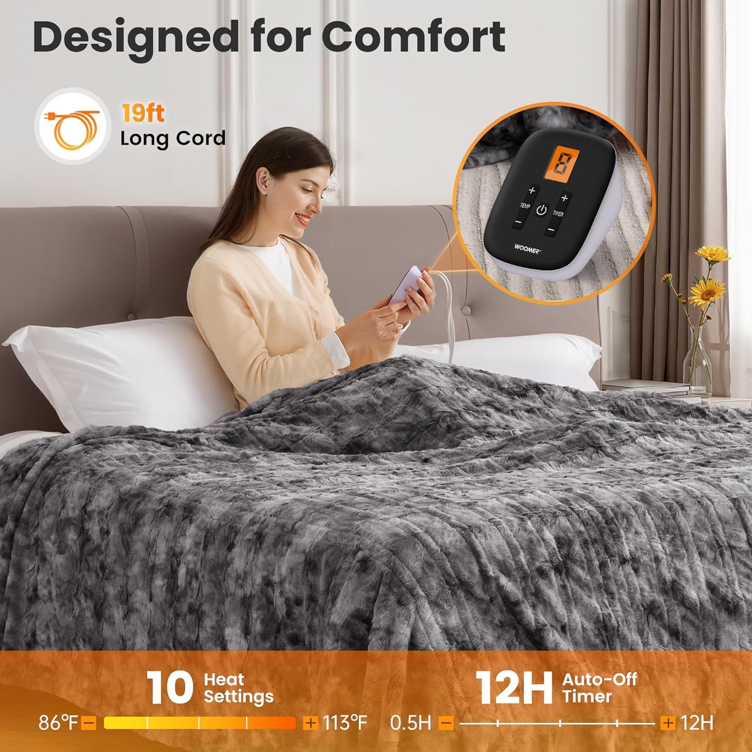 WOOMER Heated Blanket Full Size Electric Blanket 77"x 84", Soft Faux Fur Fast Heating Blanket, 10 Heating Levels & 0.5-12H Auto Off, Over-Heat Protection, ETL Certification