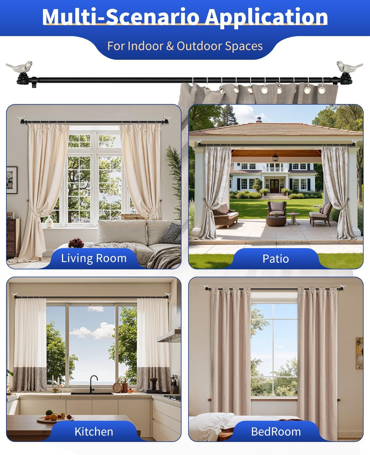 Vintage Pewter Curtain Rod 48 to 90 Inches Curtain Rods for Windows Adjustable Drapery Rod with Bird Finials Heavy Duty Curtains Rods for Living Room Bedroom