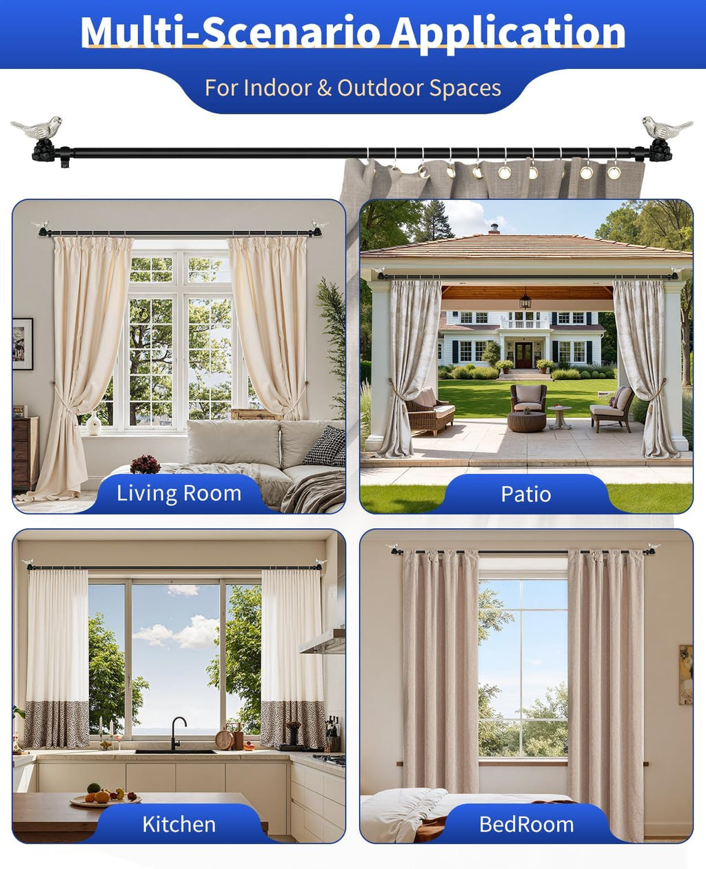 Vintage Pewter Curtain Rod 36 to 144 Inches Curtain Rods for Windows Adjustable Heavy Duty Drapery Rod with Bird Finials for Living Room Bedroom