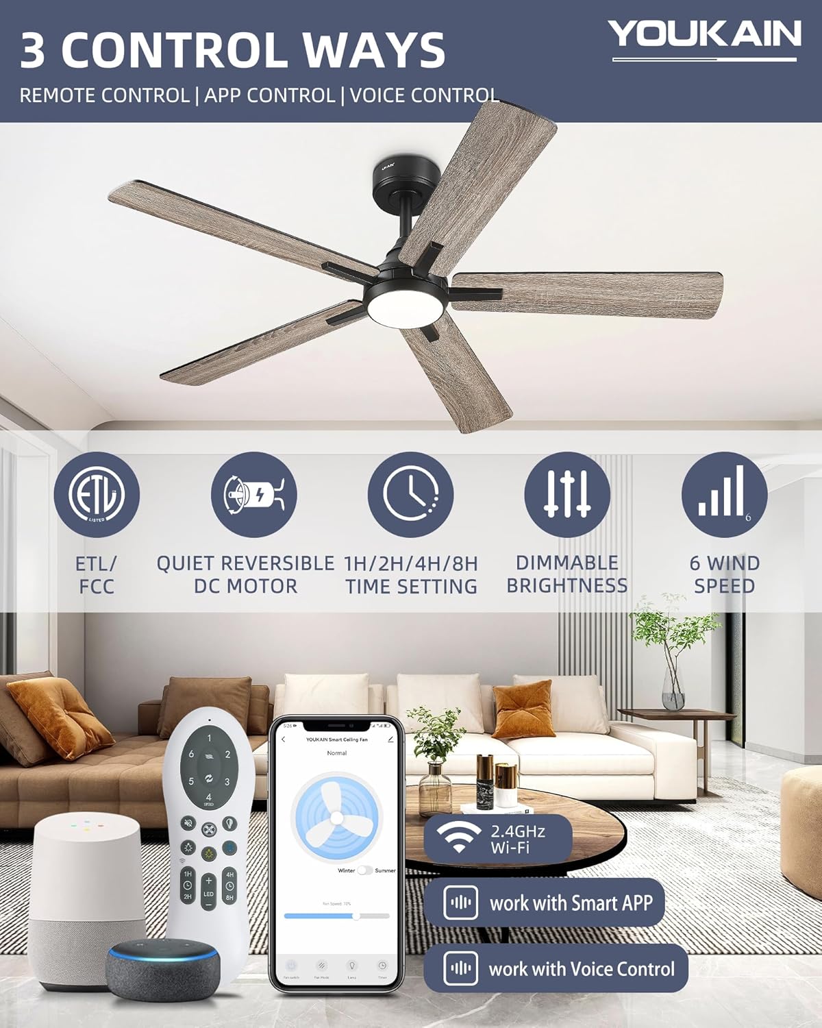 YOUKAIN 52 Inch Ceiling Fans with Lights, Black Ceiling Fan, Smart Fan Remote & APP Control, Reversible Blades, LED Ceiling Fan for Living Room, Bedroom, 52-YJ812-BK