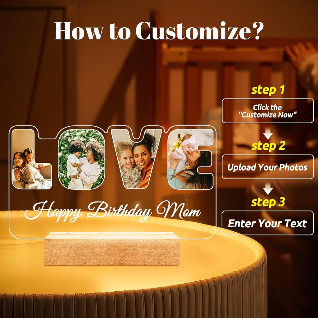 Custom Collage Picture Frames with Photo, Customized LOVE Photo Frame with Night Light, Personalized Picture Frame, Personalized Birthday Valentines Day Gifts for Women Men Mom Dad Baby Kids Family