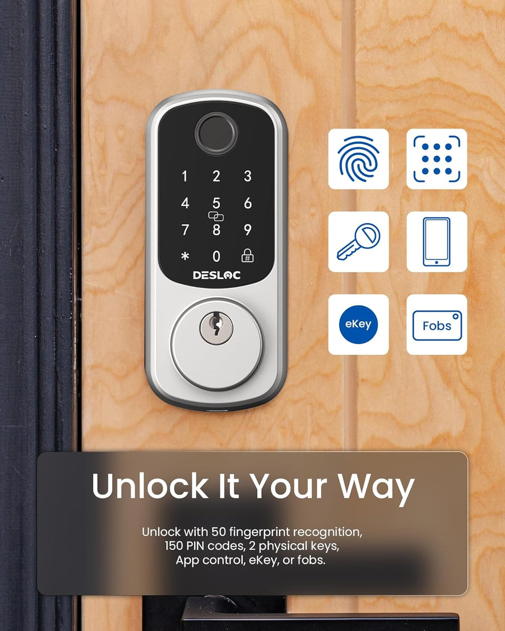 DESLOC Smart Door Lock B200, Smart Deadbolt Lock, Keyless Entry Door Lock, Fingerprint Smart Lock, Smart Locks for Front Door, App Control, Touchscreen Keypad Deadbolts,12-Month Battery, BHMA Grade3