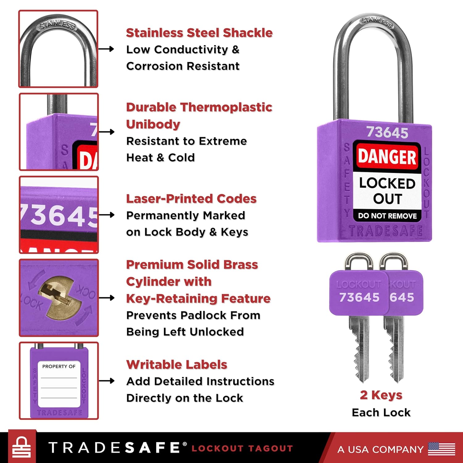 TRADESAFE Lockout Tagout Locks Set - 10 Purple Loto Locks, Lockout Locks Keyed Different, 2 Keys Per Lock, OSHA Compliant Lock Out Tag Out Padlocks, Safety Padlocks for Electrical Lockout Tag Out Kits