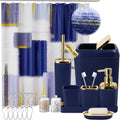 Blue and Gold Bathroom Accessories Set, Bathroom Sets with Shower Curtain, Blue Bathroom Accessories with Trash Can, Soap Dispenser, Soap Dish, Toilet Brush Holder, Qtip Holders for Bathroom