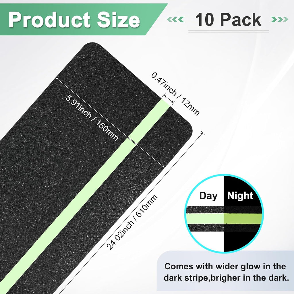 10-Pack Anti Slip Traction Tape 24" x 6" Best Grip Tape Grit with 12mm/0.47" Glow in Dark Stripe High Traction Friction Abrasive Adhesive for Indoor/Outdoor Stairs[Black+Green]