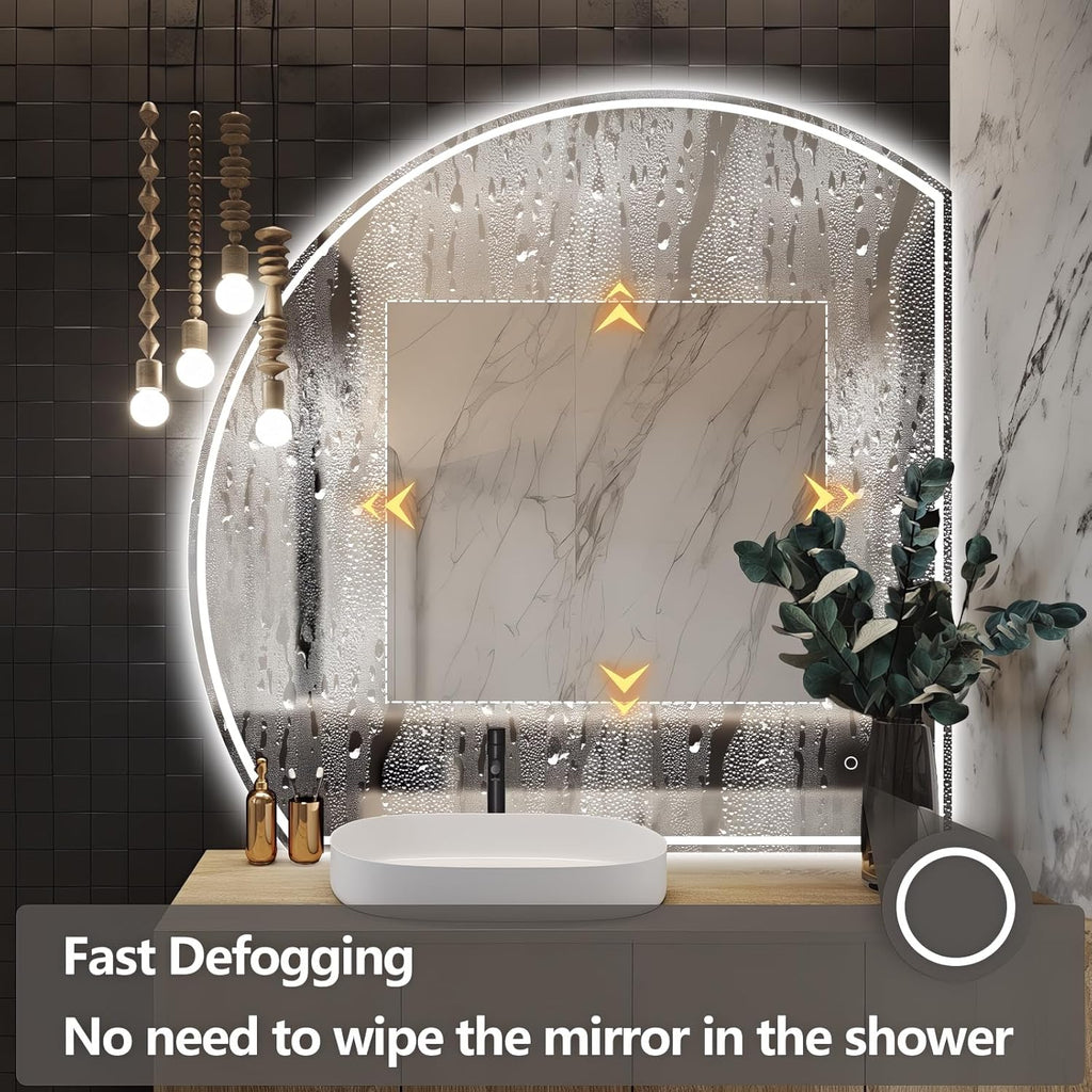 Niccy Half Moon Led Mirror for Bathroom, 36" Semi Round Backlit Mirror for Wall Lighted Mirror with Frameless 3 Color, Defogger, Explosion-Proof, HD Glass and IP65 Vanity Mirror