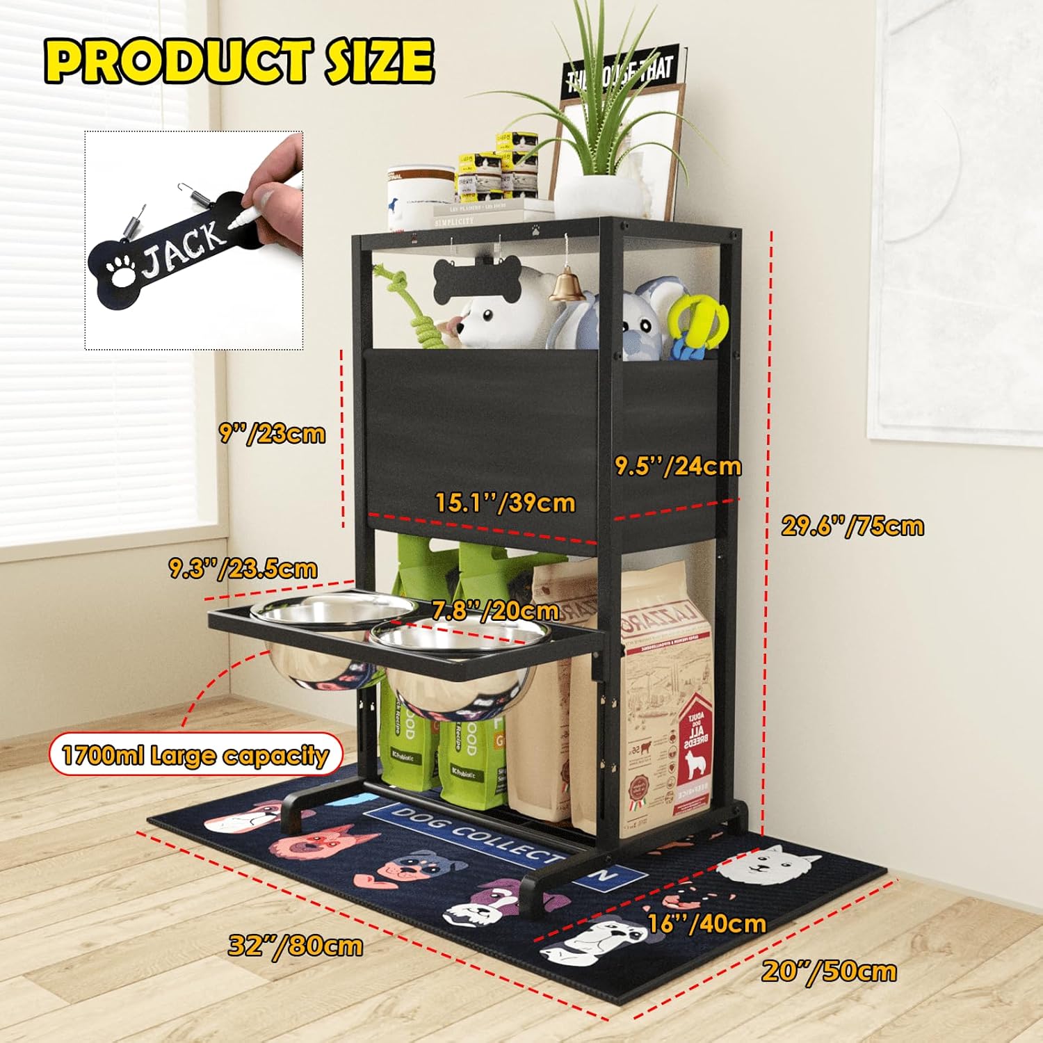 Elevated Dog Bowls, Height Adjustable Raised Dog Bowl Stand (4.5'' to 12''), Organizer Bowl Holder for Large Medium Dogs