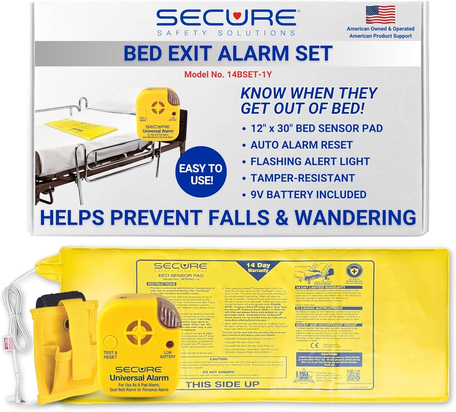 Secure Bed Alarm for Elderly Adults - 12" x 30" Motion Pressure Sensor Pad, 80 dB Patient Monitor with Holder, 9V Battery - Wandering & Fall Prevention for Dementia Patients Seniors