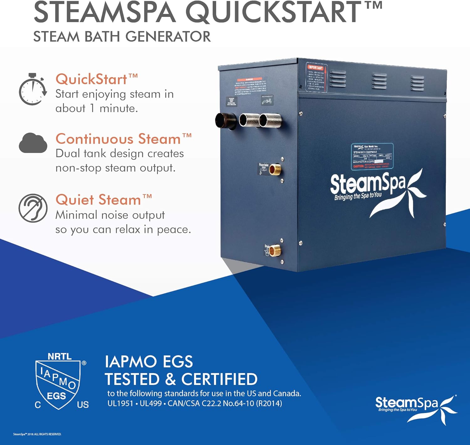 SteamSpa 10.5kW Steam Sauna Generator Executive Bundle 240V Steam Generator with Touch Pad, Steamheads, Pressure Relief Valve, Built-in Auto Drain, LED Light, Filter and Quick Install Kit EXT1050CH
