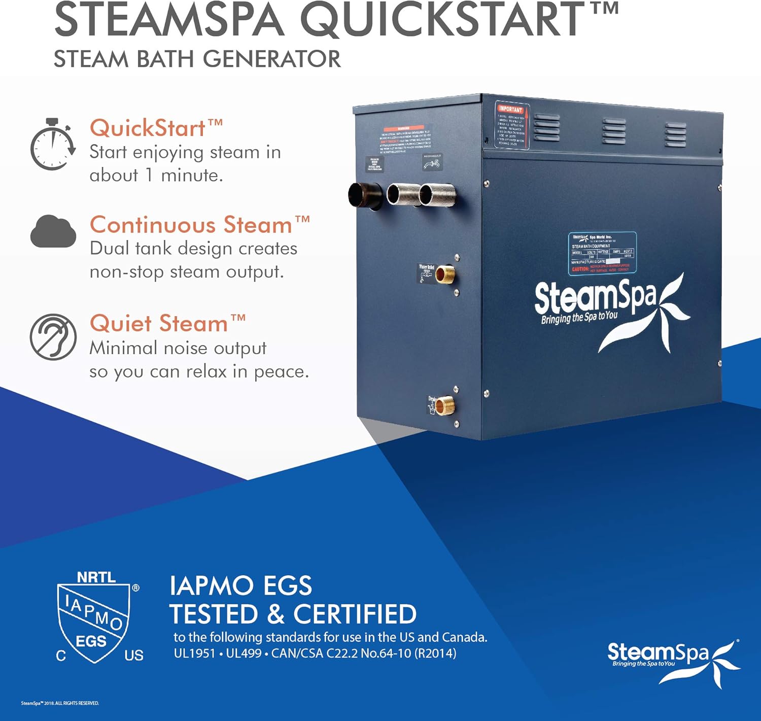 SteamSpa 10.5kW Steam Sauna Generator Executive Bundle 240V Steam Generator with Touch Pad, Steamheads, Pressure Relief Valve, Built-in Auto Drain, LED Light, Filter and Quick Install Kit EXT1050BN