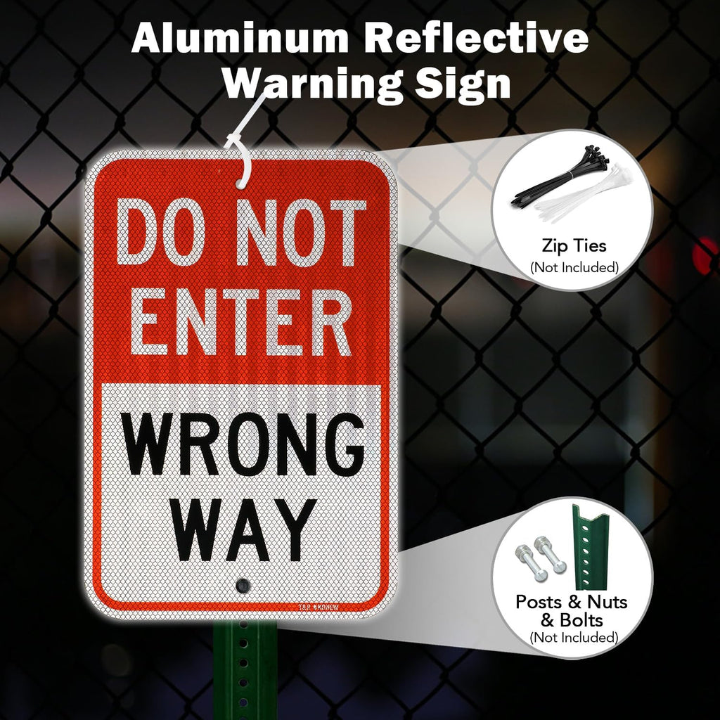 T&R Do Not Enter Wrong Way Sign, 18" x 12" Engineer Grade Reflective Sheeting, Rust Free Aluminum, Weather Resistant, Waterproof, Fade Resistant, 2 Pre-drilled Holes