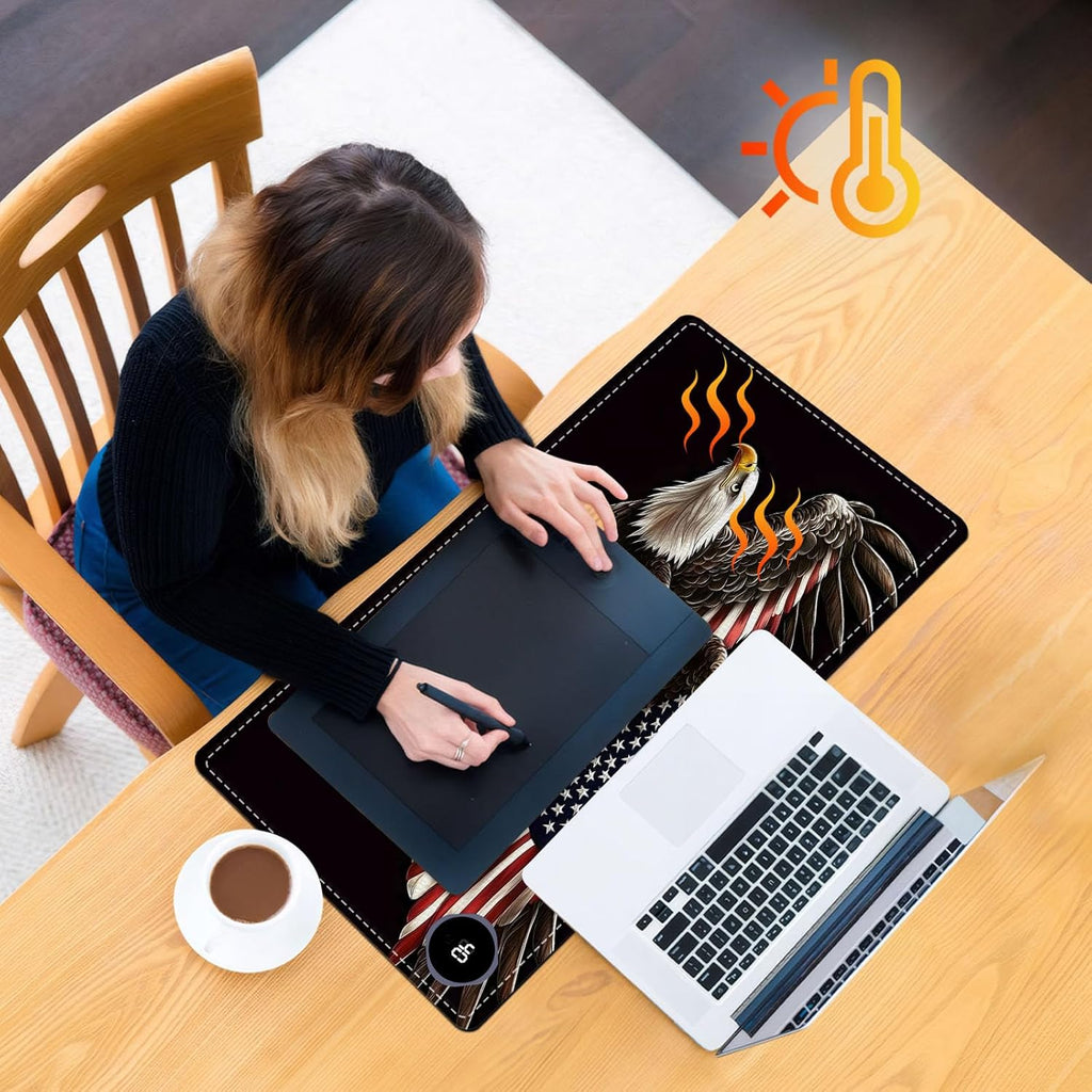 Heated Mouse Pad, Warm Desk Pad, Keyboard Mat 23.6 x 14 Inch Large Size Intelligent Fast Heating, 3 Speed Adjustable, Timed Auto Power Off for Game Office Home, Soaring American Flag Eagle